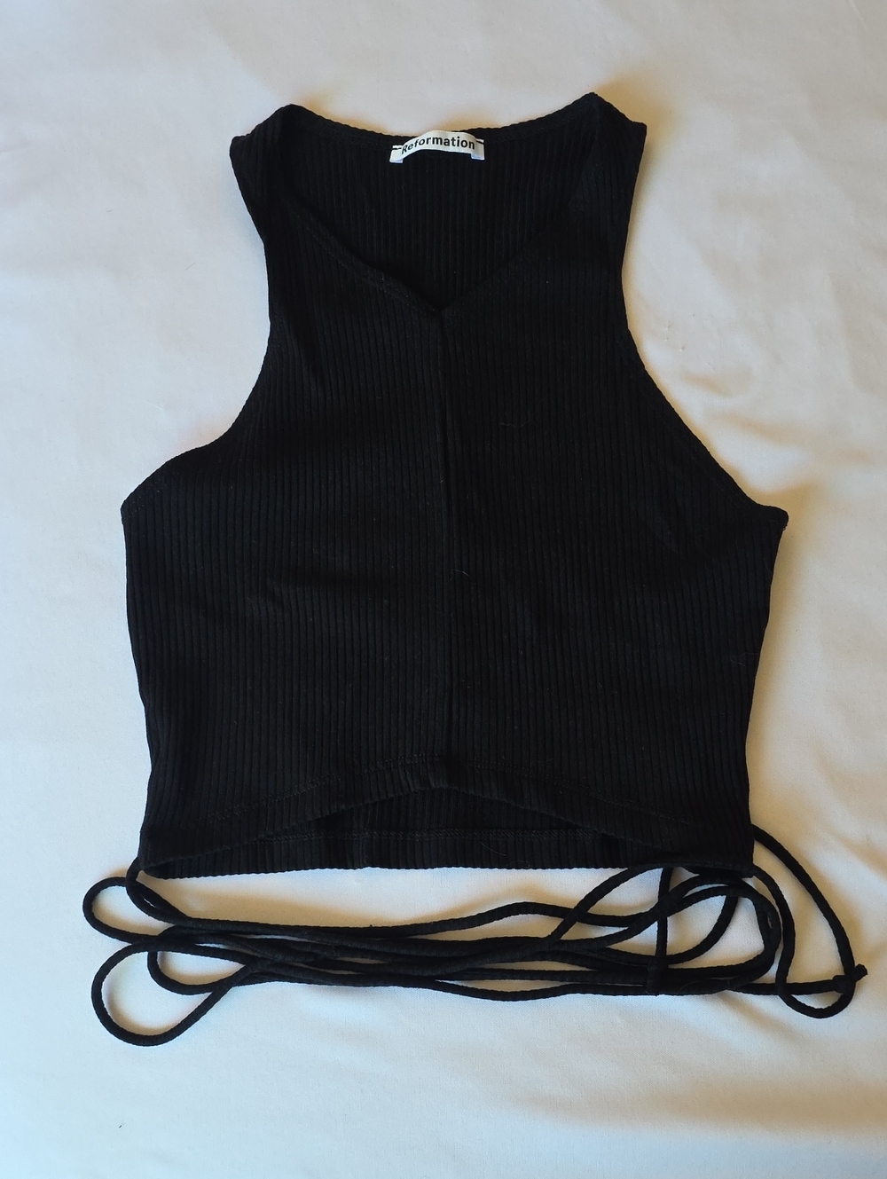 Reformation Black Ribbed Tie-Detail Crop Tank